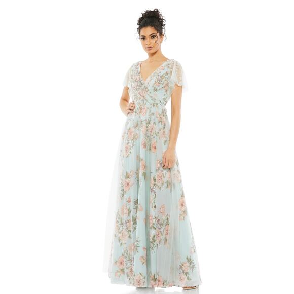 Mac Duggal Floral Flutter Sleeve V Neck Pastel Blue Multi Maxi Dress 16 - Picture 1 of 12